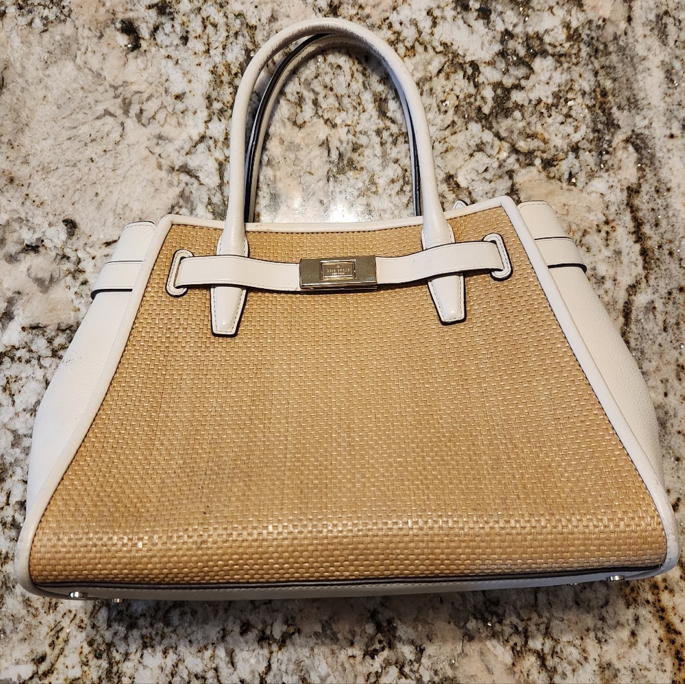 Kate Spade Handbag, Lucia Straw Medium Satchel Tan & White Crossbody EUC Summer